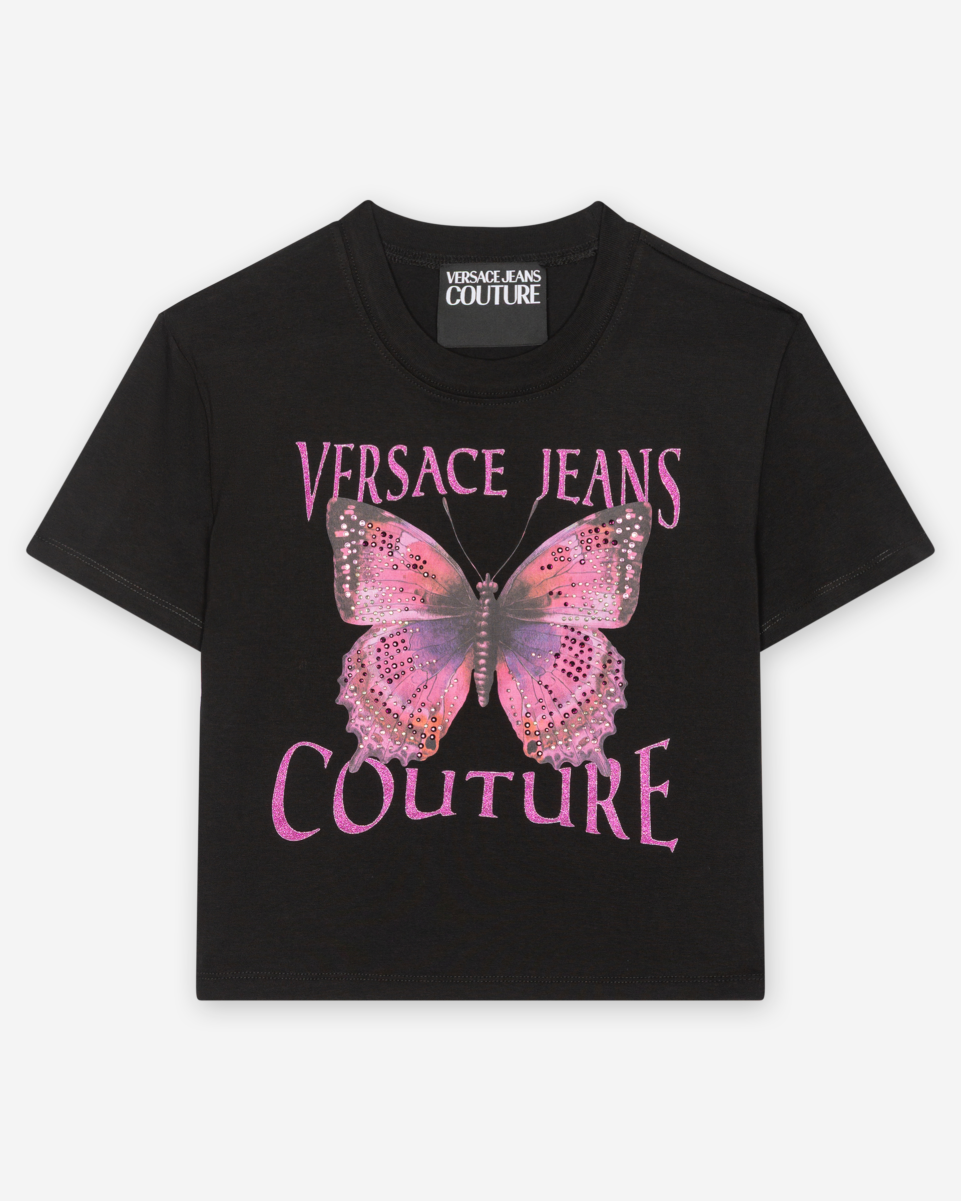 T-shirt Cropped Versace Jeans Couture Logo Butterfly Preto